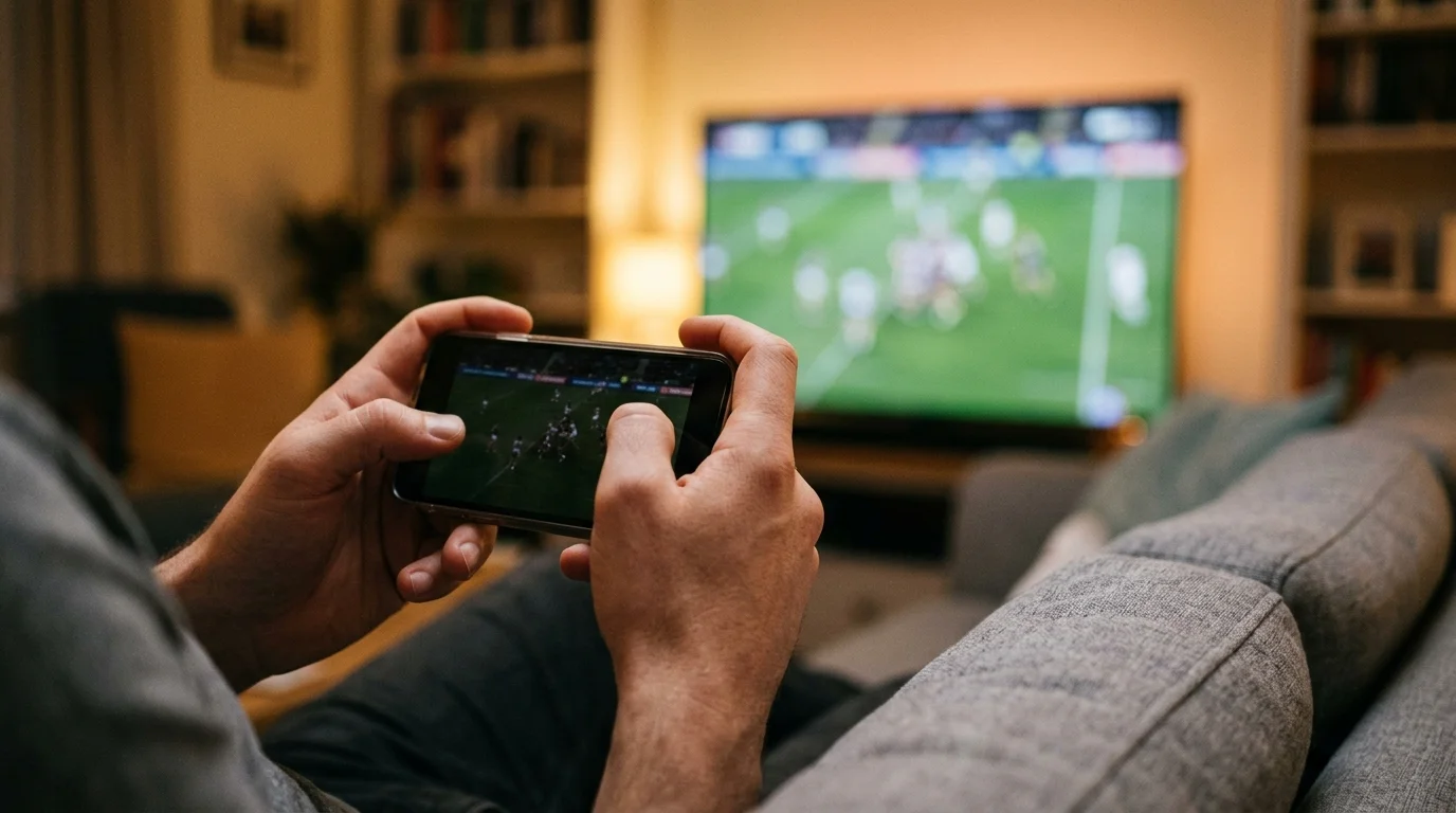 Person verfolgt Rugby-League-Live-Wetten auf dem Smartphone während einer NRL-Partie