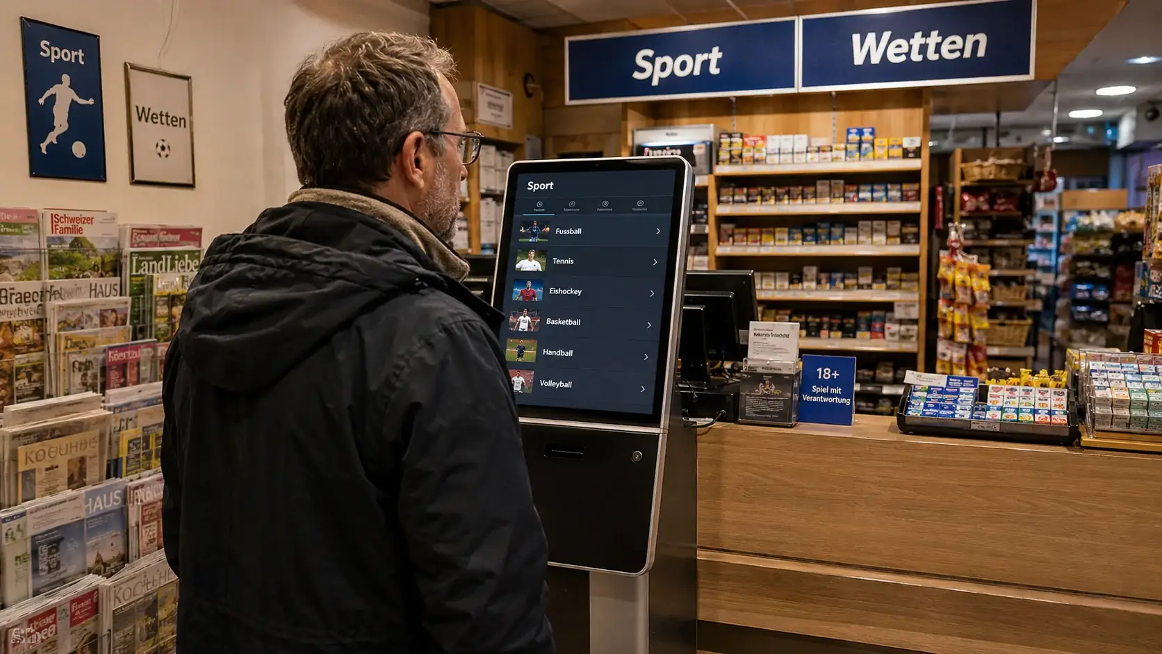 Sporttip-Wettterminal von Swisslos in einer Schweizer Verkaufsstelle — GESPA-lizenzierter Anbieter